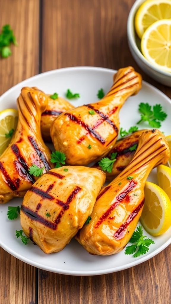 Grilled chicken drumsticks with lemon herb marinade, garnished with parsley and lemon wedges on a rustic table.